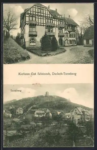 AK Durlach-Turmberg, Kurhaus Gut Schöneck, Ortspartie mit Turmberg