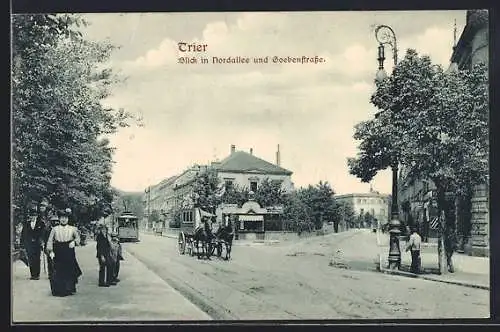 AK Trier, Blick in Nordallee und Goebenstrasse, Strassenbahn, Pferdekutsche