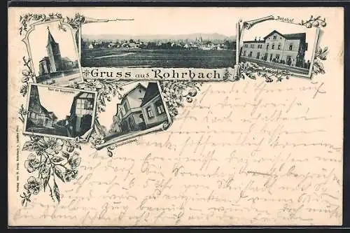 AK Rohrbach / Pfalz, Bahnhof, Teil der Hauptstrasse, Gemeindehaus und Kirche