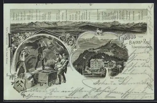 Mondschein-Lithographie Hohenpeissenberg, Bergarbeiter in einer Mine, Bad Hohensulz und Gebirgspanorma