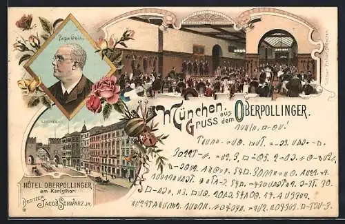 Lithographie München, Hotel Oberpollinger, Aussen- u. Innenansicht, Bes. J. Schwarz, Karlstor, Porträt Papa Geis