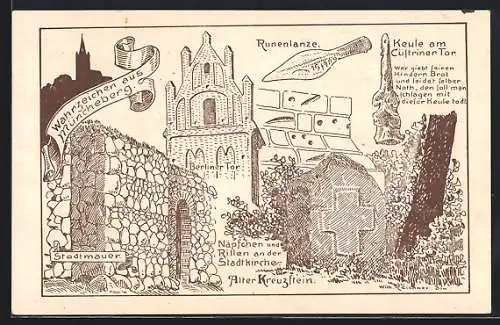 Künstler-AK Müncheberg, Stadtmauer, Alter Kreuzstein, Keule am Cüstriner Tor, Runenlanze