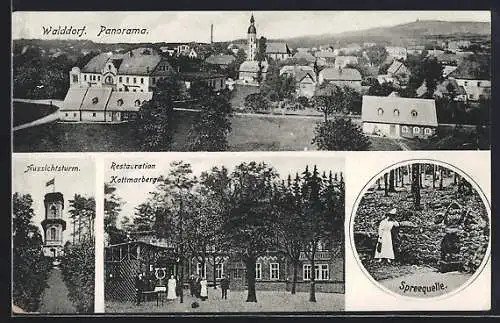 AK Walddorf / Eibau, Panorama, Aussichtsturm, Restauration Kottmarberg, Spreequelle