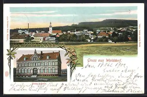 Lithographie Walddorf / Eibau, Neue Schule, Totalansicht