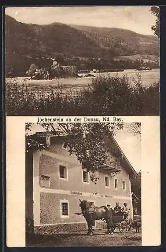 AK Jochenstein /Donau, Gasthaus Jos. Würzinger mit Kutsche, Donaupartie