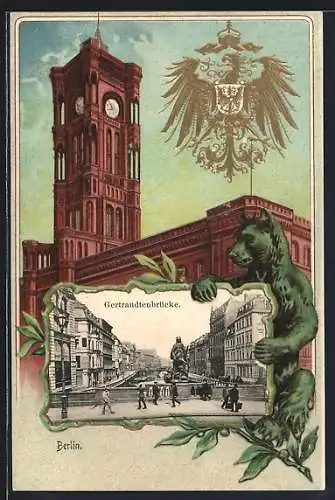 Passepartout-Lithographie Berlin, Gertraudtenbrücke, Rotes Rathaus im Passepartout, Königstrasse