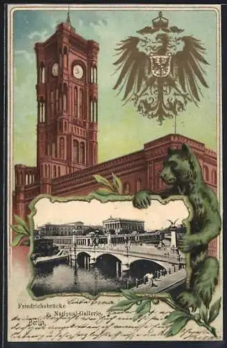 Passepartout-Lithographie Berlin, Friedrichsbrücke und Nationalgallerie, Rotes Rathaus im Passepartout, Königstrasse