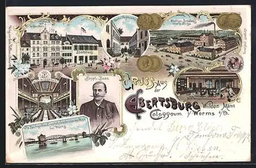 Lithographie Worms, Gasthaus Ebertsburg und Hotel zum wilden Mann, Wormser Brauhaus