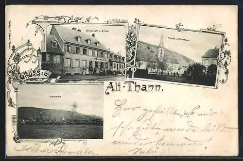 AK Alt-Thann, Gasthaus von L. Ortlieb, Kirche und Pfarrhaus, Haltestelle