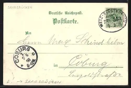 Lithographie Saarbrücken, Gasthaus Altes Münchner Kindl, Winterberg-Denkmal, Ehrental und Spicherer Berg