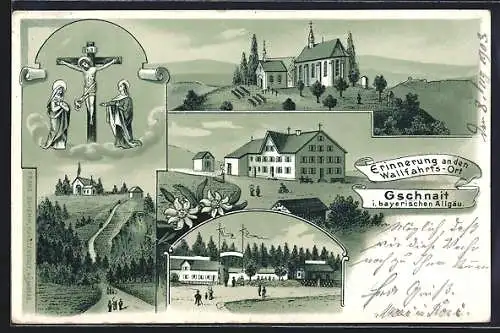 Lithographie Gschnait i. bayerischen Allgäu, Ortspartie, Kirche, Jesus am Kreuz