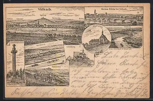 Lithographie Volkach, Constitutionssäule, Neue Brücke, Panorama, Kirchberg, Vogelsburg und Escherndorf