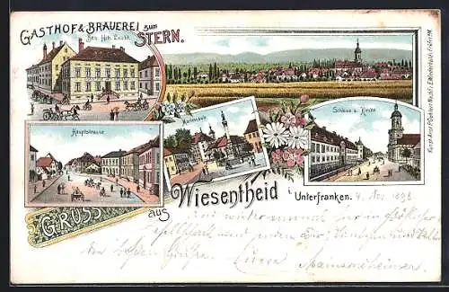 Lithographie Wiesentheid, Gasthof & Brauerei zum Stern, Hauptstrasse, Mariensäule