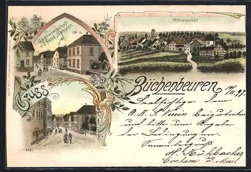 Lithographie Büchenbeuren, Gasthaus v. J. Ferd. Schüler, Strassenpartie, Totalansicht