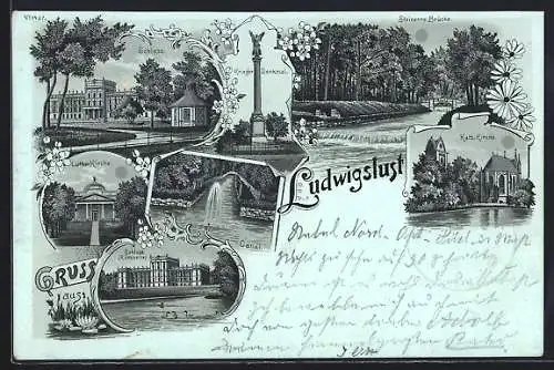 Mondschein-Lithographie Ludwigslust / M., Schloss, Krieger-Denkmal, Lutherkirche, Kanal, Kath. Kirche, Steinerne Brücke