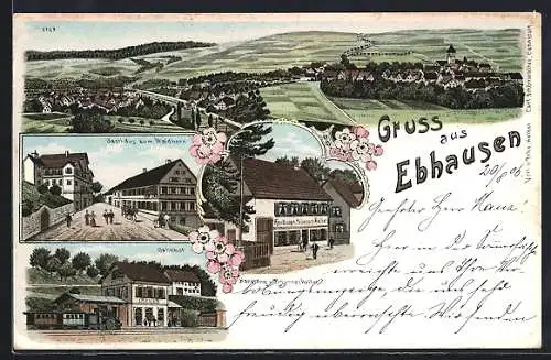 Lithographie Ebhausen, Gasthaus Zum Waldhorn, Handlung von Joh. Helber, Bahnhof, Eisenbahn