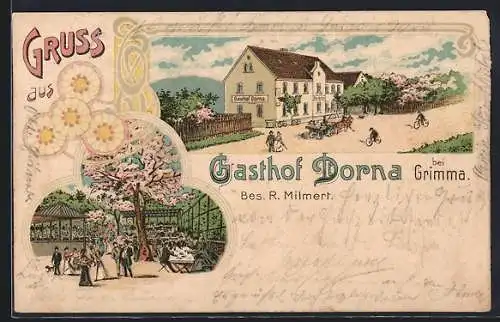 Lithographie Grimma, Gasthof Dorna v. R. Milmert mit Gartenwirtschaft