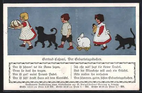 Künstler-AK Gertrud Caspari: Kinder mit Geburtstagskuche, Hund und Katze