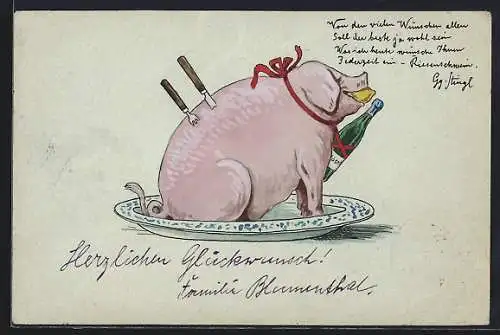 Künstler-AK Handgemalt: Schwein mit Zitrone in der Schnauze auf einem Teller