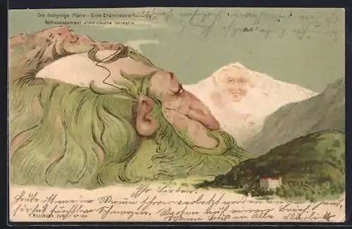 Lithographie Killinger Nr. 104: Die Schynige Platte - Eine Erdrindenerkaltung, Berg mit Gesicht / Berggesichter