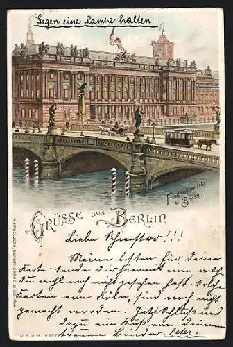 Lithographie Berlin, Friedrichsbrücke und Börse mit leuchtenden Fenstern bei Halt gegen das Licht, Burgstrasse