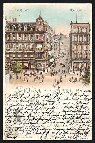 Lithographie Berlin, Hotel Behrens, Cafés Bauer und Kranzler mit leuchtenden Fenstern bei Halt gegen das Licht