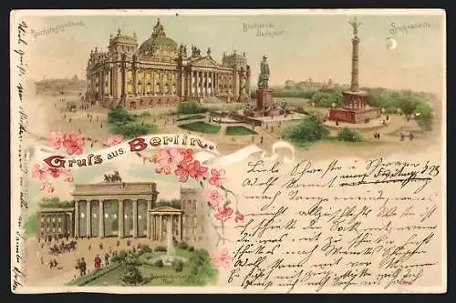 Lithographie Berlin, Reichstagsgebäude mit Bismarck-Denkmal u. Brandenburger Thor, Halt gegen das Licht