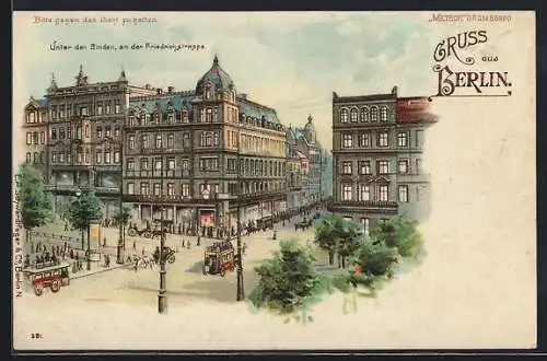 Lithographie Berlin, Unter den Linden und Friedrichstrasse, Leuchtende Fenster bei Halt gegen das Licht