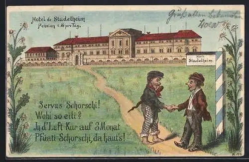 Lithographie Stadelheim, Schorschi auf dem Weg ins Gefängnis, Hotel Stadelheim