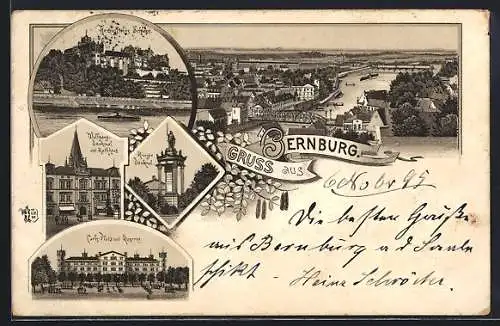 Vorläufer-Lithographie Bernburg, 1895, Herzogliches Schloss, Carls-Platz und Kaserne, Krieger-Denkmal