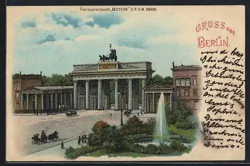 Lithographie Berlin-Tiergarten, Brandenburger Tor, Mond und leuchtende Fenster bei Halt gegen das Licht