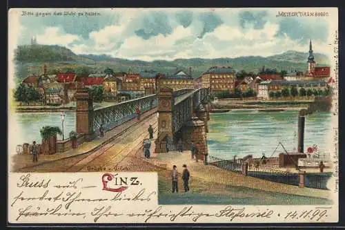 Lithographie Linz, Brücke und Urfahrt, Vollmond bei Halt gegen das Licht