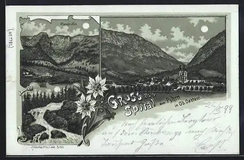 Mondschein-Lithographie Spital am Pyhrn, Wurzer Alm, Schreibachfall, Ortsansicht