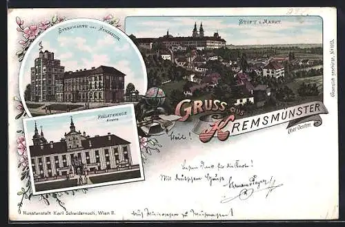 Lithographie Kremsmünster, Sternwarte und Gymnasium, Prälatenhof