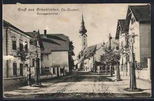 AK Grieskirchen, Zauneggerstrasse mit Blick zur Kirche