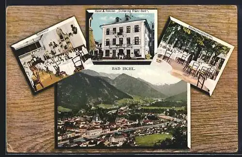 AK Bad Ischl, Hotel & Pension Erzherzog Franz Carl mit Speisesaal und Restaurantgarten im Holz-Passepartout