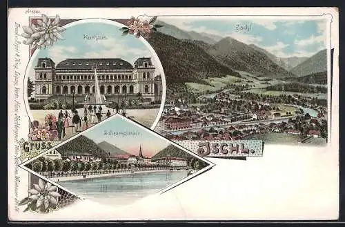 Lithographie Bad Ischl, Kurhaus, Sofienesplanade, Gesamtansicht