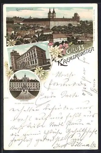 Lithographie Kremsmünster, Sternwarte und Obergymnasium, Eingang in den Prälatenhof