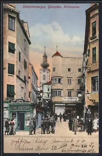 AK Gmunden /Salzkammergut, Strassenblick in die Kirchengasse