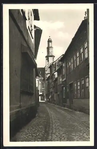 AK Mühlhausen i. Thür., Strassenpartie mit Blick zur Kornmarktkirche