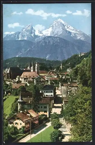 AK Berchtesgaden, Ortsansicht mit Watzmann vom Nonntal aus