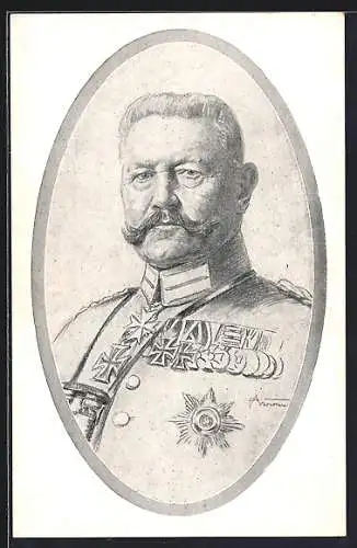 Künstler-AK Porträt Generalfeldmarschall Paul von Hindenburg in Uniform mit Orden