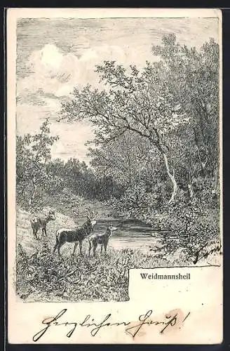 Künstler-AK Hirschrudel am Waldsee, Waidmanns Heil