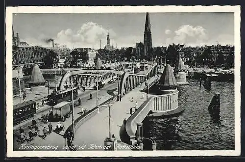 AK Rotterdam, Koninginnebrug vanaf vid Fakstraat, Strassenbahn