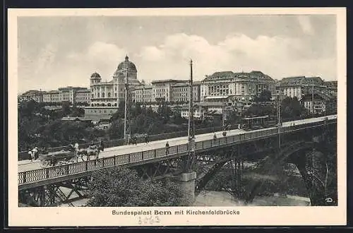 AK Bern, Bundespalast, Strassenbahn auf der Kirchenfeldbrücke