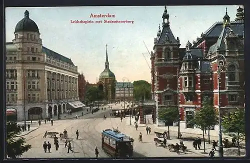 AK Amsterdam, Leidscheplein met Stadsschouwburg, Strassenbahn