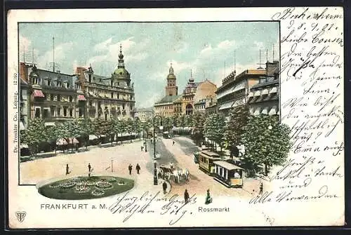 Lithographie Frankfurt a.M., Rossmarkt mit Strassenbahn