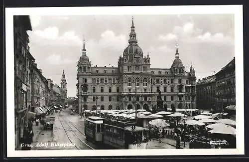 AK Graz, Platz mit Marktbetrieb und Strassenbahn