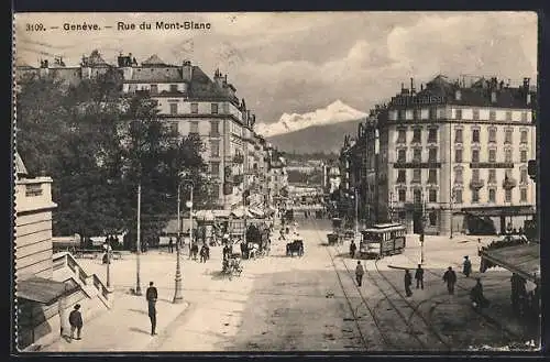 AK Genève, Rue du Mont-Blanc, Strassenbahn