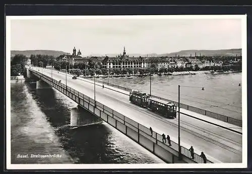 AK Basel, Strassenbahn auf der Dreirosenbrücke